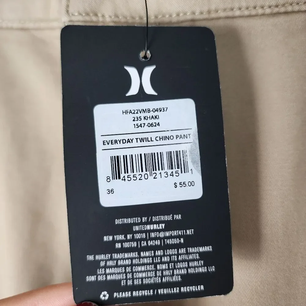 NWT Hurley Everyday Twill Chino Pants Men's 36 Khaki Beige Stretch Work Golf - Picture 5 of 14